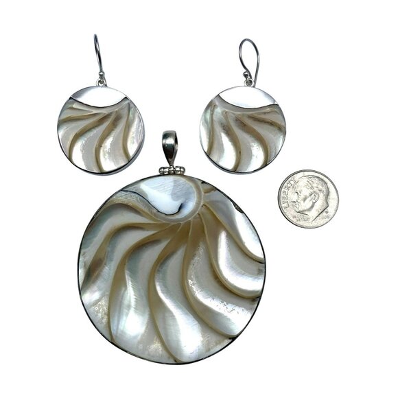 Vintage Pendant Earrings Sterling Silver Shell Nautilus MOP Reversible! 2" & 1" - Picture 6 of 6